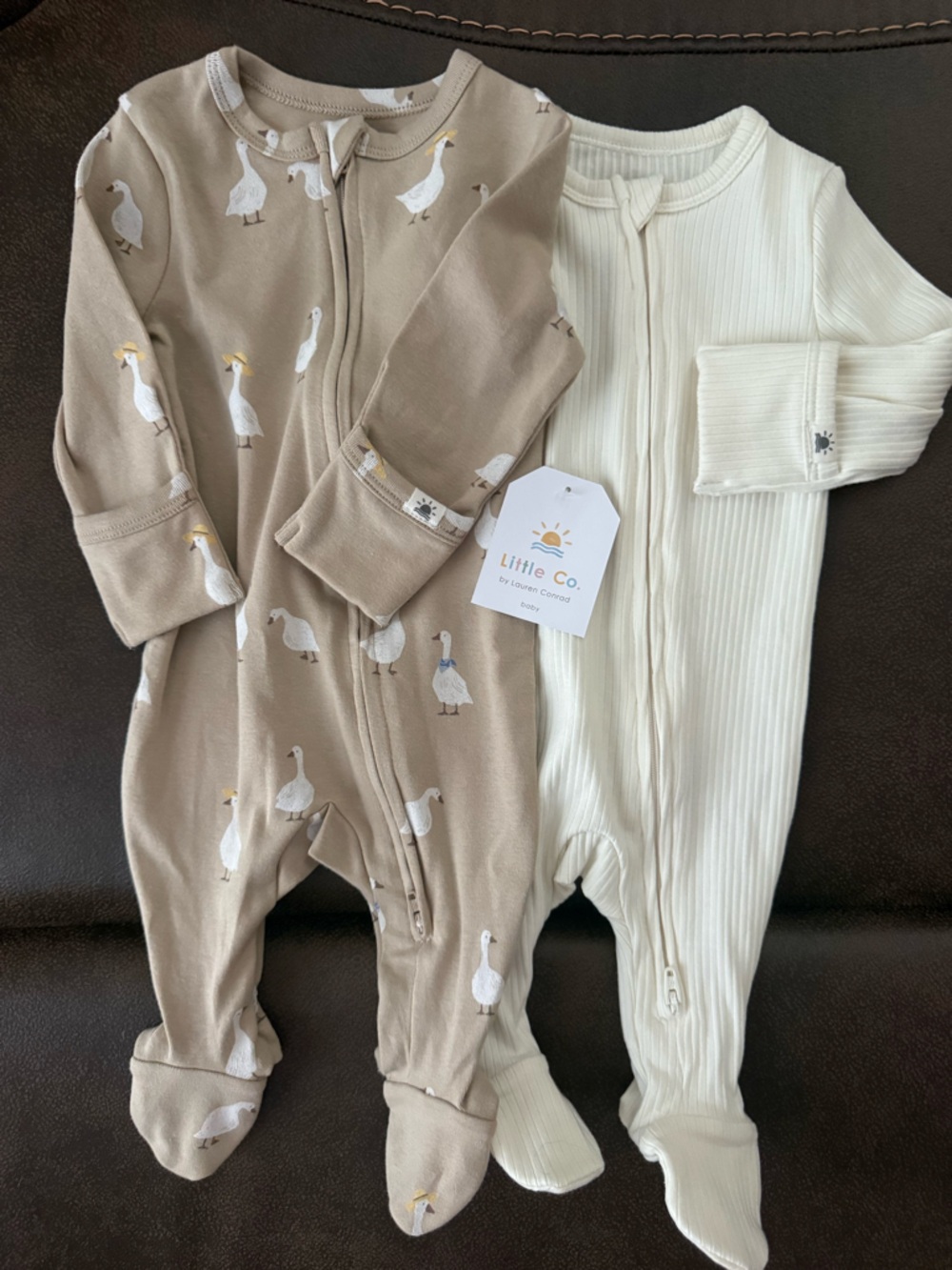 Little Co. Kids Footed One-Piece Set in Taupe Goose Print & Cream